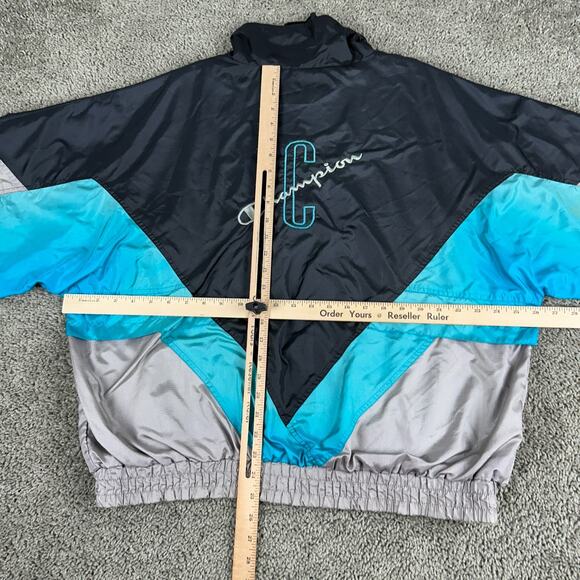 Champion Jacket Mens Large Black Blue Nylon Windbreaker Lined Full Zip Coat - Picture 9 of 13